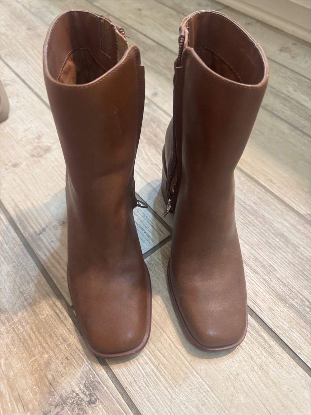 Dolce Vita Chestnut Brown Leather Mid-Calf Heeled Zip Boots